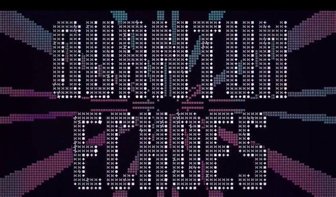 A pixel art design made of symbols and characters spelling out 'NIGHT FEVER' against a dark purple background with geometric patterns.
