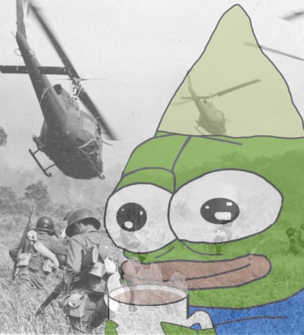 A black-and-white photo of a helicopter and soldiers in the background, overlaid with a cartoon drawing of Pepe the Frog wearing a tall pointed hat and holding a cup of coffee.