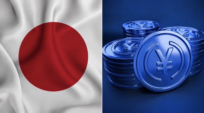 The Japanese flag (red circle on white background) is shown alongside a stack of blue coins featuring the Yen (¥) symbol, representing Japanese currency.