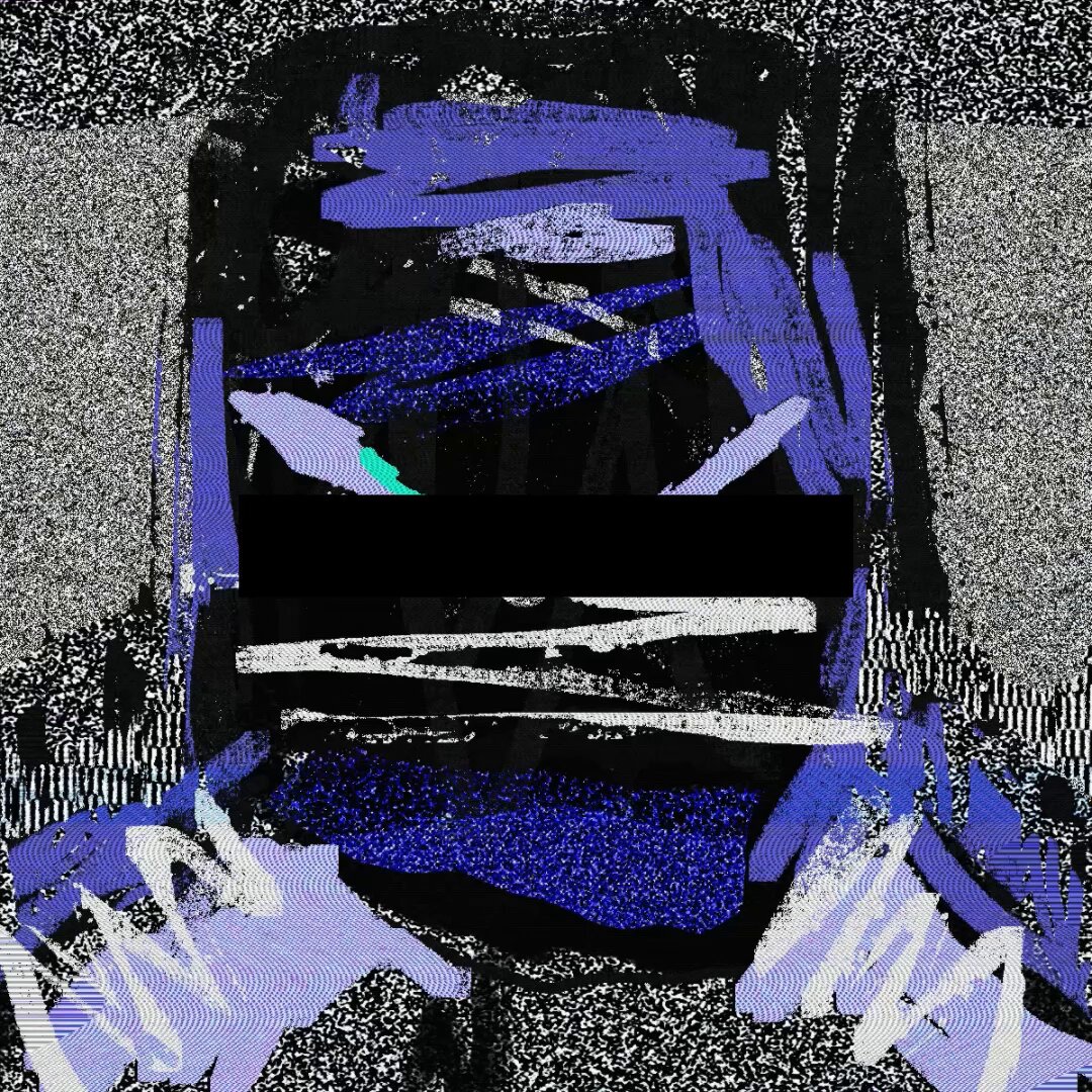 The image features an abstract art piece with a black and white color scheme, depicting a face or head of a person wearing a mask. The mask has blue and purple lines drawn over its eyes, giving it a unique appearance. The background of the artwork is dark gray, which contrasts with the lighter elements in the foreground. The artist's signature can be seen at the bottom right corner of the image.