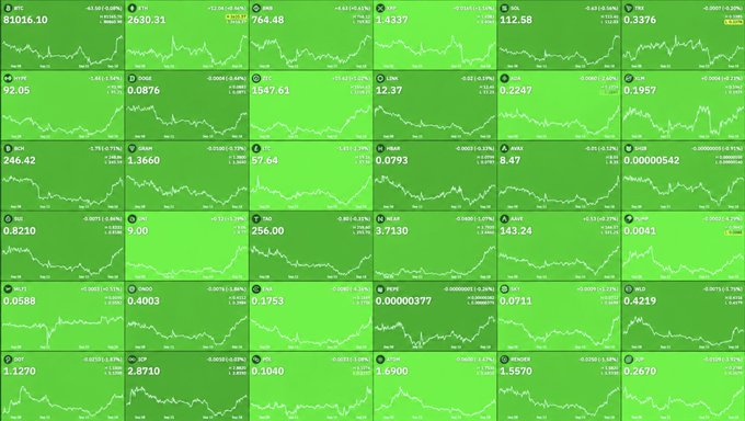 A grid of cryptocurrency tickers, including BTC (81016.10), ETH (2630.31), DOGE (0.0876), and XRP (1.4137), all display green charts with notable gains, reflecting the massive market rally. The widespread green across the board visually confirms the post's claim of $170 billion added to the crypto market cap and $500M in shorts liquidated within 24 hours, illustrating a powerful short squeeze across the entire crypto space.