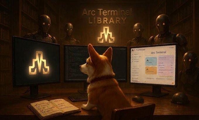 The image features a brown dog sitting at a desk with three computer monitors displaying different screens of a website called "ARC Terminal Library". The dog appears to be engaged in an activity related to the ARC Terminal library, possibly interacting with the content displayed on the screens or following instructions from the website's interface.