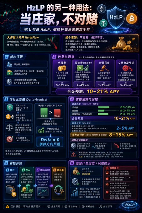 An infographic in Chinese explains an alternative use for HzLP (Hyperliquid LP tokens), detailing strategies like Delta-Neutral positions with projected APY returns of 10-21%.