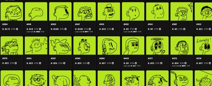 A grid of hand-drawn profile picture (PFP) NFTs displayed on a digital marketplace, each featuring unique cartoon-style faces on neon yellow backgrounds with listing numbers (e.g., #284, #499, #303) and prices ranging from .018 to .025 ETH. The collection appears to be a low-supply (420), .01 ETH floor price NFT project, matching the described "Random gem" being highlighted on Robinhood.