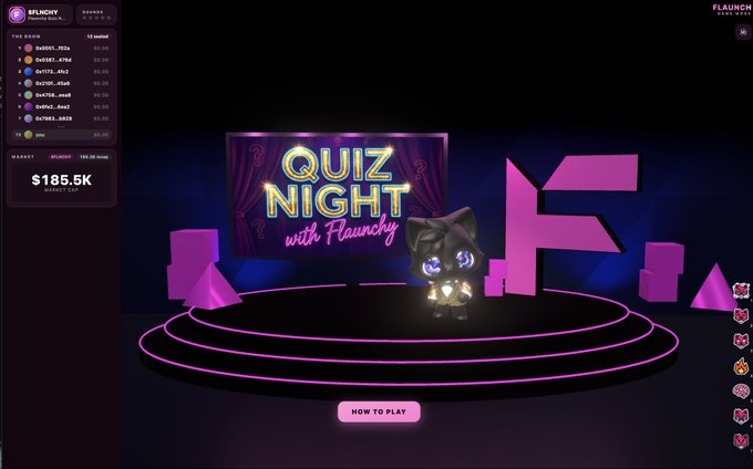 Screenshot of the 'Quiz Night with Flaunchy' web3 game interface showing a leaderboard, $185.5K jackpot pool, and a black cartoon cat character on a neon-lit stage.