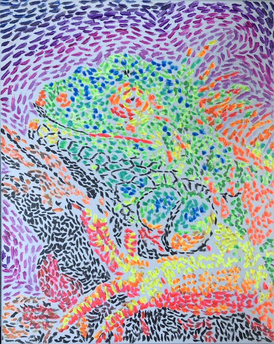 A vibrant pointillist-style artwork featuring abstract figures rendered in multicolored dots and strokes of purple, blue, green, orange, red, and black on a light background.