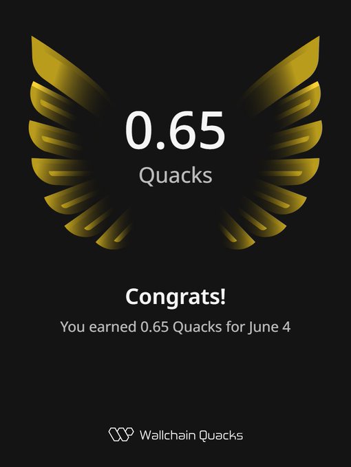 The image features a poster with an illustration of a bird's wing, which has gold and black colors. The text on the poster congratulates users for earning 0.65 Quacks within one day. It also mentions that the user can use this information to focus on what is in the image and how it relates to the post.