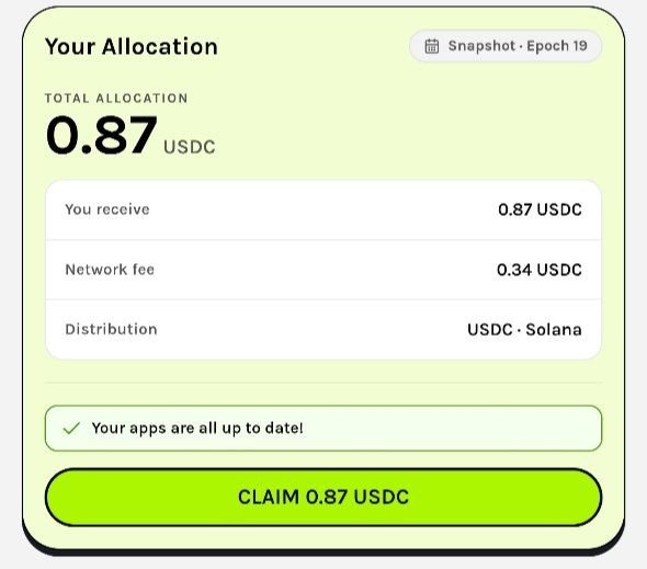 The image shows a "Your Allocation" interface displaying a total allocation of 0.87 USDC from Snapshot · Epoch 19, with a 0.34 USDC network fee and distribution via USDC on Solana, along with a green "CLAIM 0.87 USDC" button at the bottom. It relates to the post by showing the user their $0.87 USDC airdrop from the $GRASS project, presenting them with the decision to either claim the small amount (after fees) or skip it.