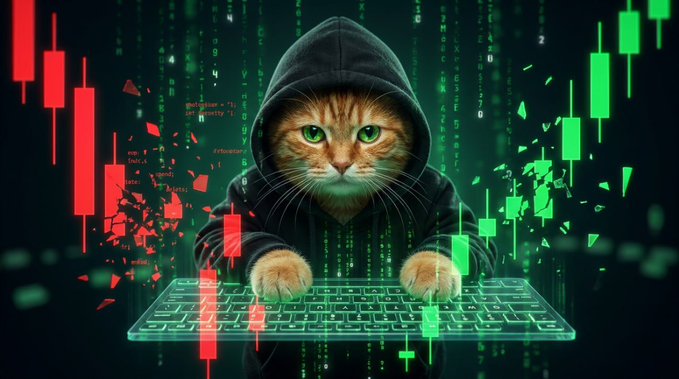 A hooded tabby cat types at a glowing green keyboard, surrounded by red and green candlestick trading charts and cascading digital code. The crypto-themed image matches the post’s push for engagement and “$10 sol ga” giveaways, though no clear ticker or substantial text is visible.