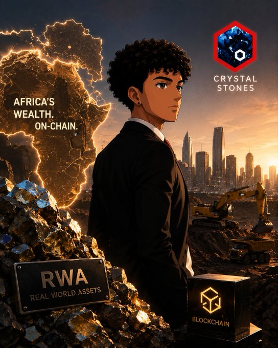Promotional graphic for 'Crystal Stones' featuring a young man in a suit standing before piles of crystals and a city skyline, with text reading 'Africa's Wealth. On-Chain.' and 'RWA Real World Assets / Blockchain'.