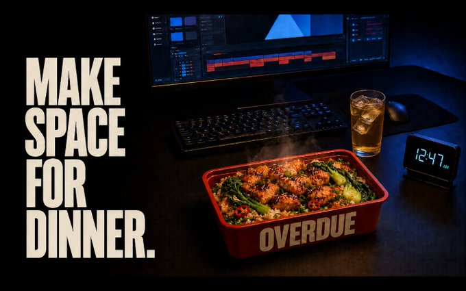 An advertisement image with bold text 'MAKE SPACE FOR DINNER' showing a red 'OVERDUE' branded food container with a meal, a glass of iced drink, a digital clock reading 12:47, and a computer monitor with video editing software in the background.