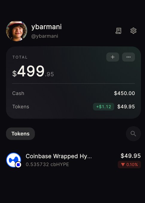 The image shows a virtual trading app dashboard for user "ybarmani" displaying a total balance of $499.95, with $450.00 in cash and $49.95 in tokens including 0.535732 cbHYPE (Coinbase Wrapped Hype) which is down 0.10%. This corresponds to the post's $500 test deposit and the agent's purchase of $50 worth of $hype token.
