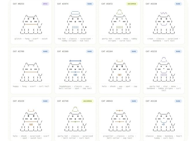 A webpage displaying a grid of 12 ASCII-style cat illustrations with labels like 'CAT #0153', 'CAT #2872', and trait descriptions such as 'glitch', 'fang', 'scarf', 'top hat', and 'party hat' below each, tagged as epic, rare, or uncommon.