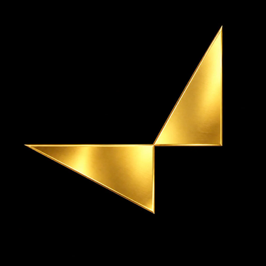 A gold geometric logo composed of two angular shapes forming an abstract arrow or stylized letter against a black background.