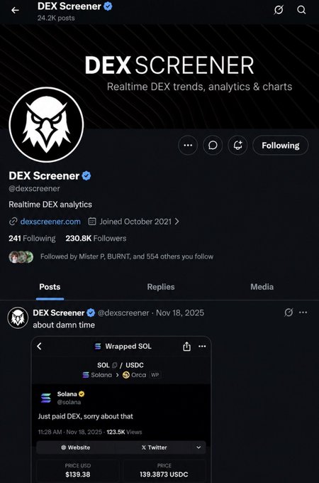 The image shows the DEX Screener Twitter/X profile (@dexscreener), which has 230.8K followers and 24.2K posts but displays only one tweet from November 18, 2025, about "damn time" alongside a mock-up of a Wrapped SOL/USDC transaction page—visually reinforcing the caption's point about how, despite going nearly silent for 9 months, the platform still dominates the DEX analytics space.