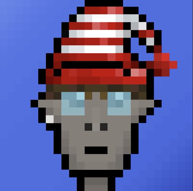 A pixel art character with large blue eyes wearing a red and white striped stocking hat against a solid blue background.
