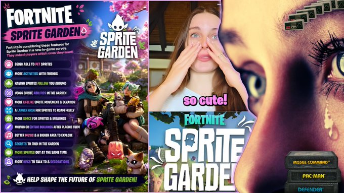 A promotional image for 'FORTNITE SPRITE GARDEN' featuring a list of features, characters, and a YouTuber reacting with the text 'so cute!' overlaid on the screen.
