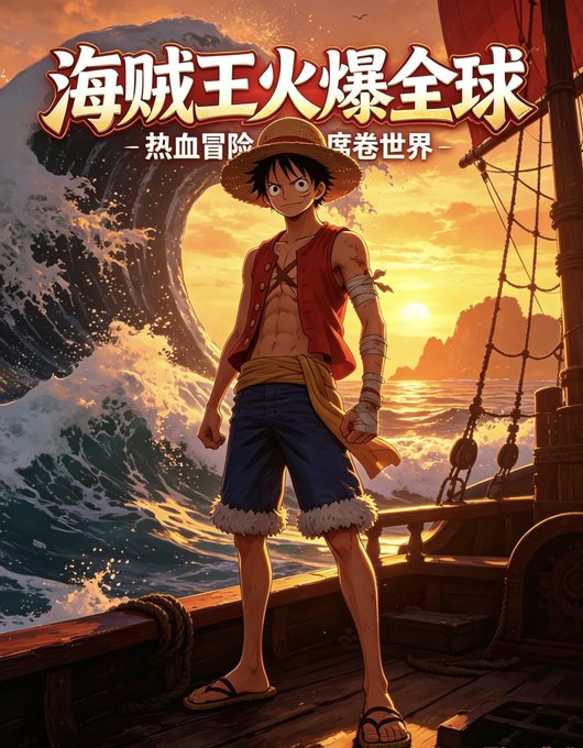 An anime-style poster featuring a character resembling Monkey D. Luffy standing on a ship's deck with a massive wave behind him, with Chinese text reading '海贼王火爆全球' (Pirate King Goes Viral Globally).