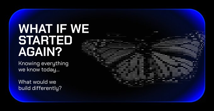 A dark blue graphic with the bold white text 'WHAT IF WE STARTED AGAIN?' followed by 'Knowing everything we know today... What would we build differently?' alongside an abstract digital wave pattern.