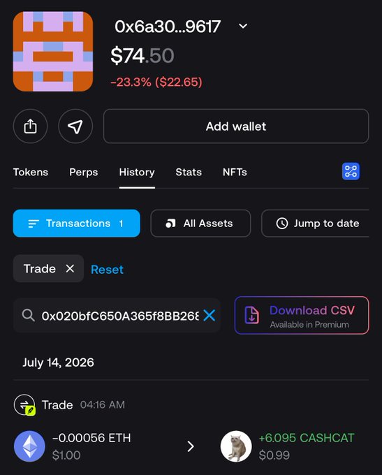 A crypto wallet (0x6a30...9617) screenshot shows a single Trade transaction on July 14, 2026 at 04:16 AM, swapping -0.00056 ETH ($1.00) for +6.095 CASHCAT ($0.99), confirming the claim of just one $1 CASHCAT purchase.