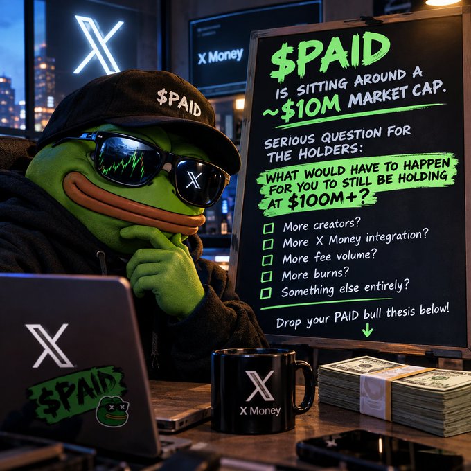 A Pepe the Frog character wearing a black '$PAID' cap and X-branded sunglasses sits at a laptop next to a chalkboard promoting '$PAID' token at '~$10M market cap' and asking what would need to happen for holders to still be holding at '$100M+', with X Money branding visible.
