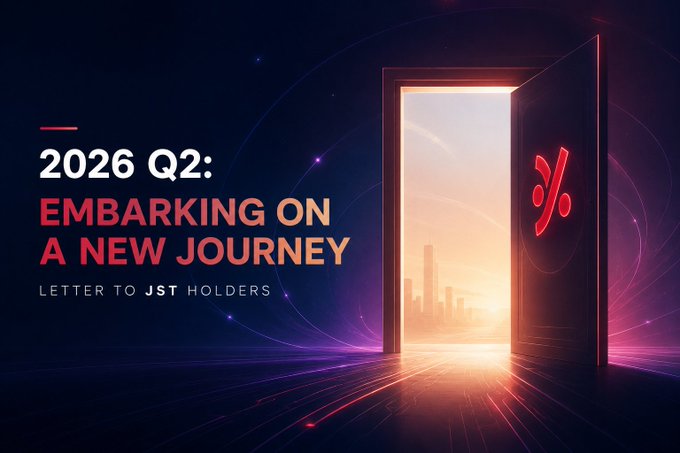 The image is a promotional graphic featuring an open door revealing a sunlit cityscape, symbolizing a new beginning. It displays the text "2026 Q2: EMBARKING ON A NEW JOURNEY - LETTER TO JST HOLDERS" alongside the JST logo.

The imagery of a doorway opening to a bright future visually reinforces the post's message of JST's evolving value cycle, where ecosystem growth, adoption, and the Buyback & Burn mechanism signify a forward-looking chapter for token holders.