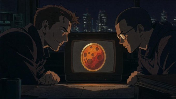 An anime-style illustration of two men intensely focused on an old CRT television displaying a fiery, cratered planet or moon, with a nighttime city skyline visible through a window in the background.