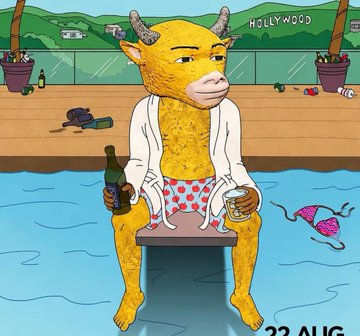 A cartoon illustration shows a yellow anthropomorphic bull wearing red heart-patterned swim trunks and a white robe, sitting on a diving board holding a bottle and a glass.