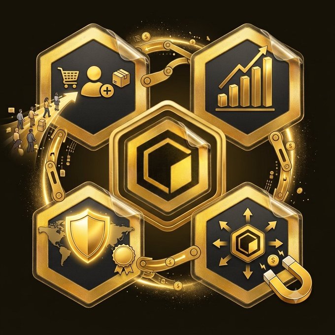 A gold and black hexagonal graphic features four icons depicting e-commerce/customer service, business growth charts, a shield with a world map, and data/centralization, surrounding a central 3D cube logo.