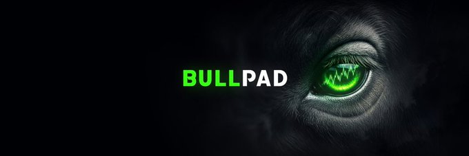 A dark banner featuring the "BULLPAD" logo in bold green-and-white text alongside a close-up of a glowing green bull's eye with a stock-chart reflection, visually reinforcing the project's focus on bullish momentum and revenue-driven buybacks of $ANSEM for lasting ecosystem value.