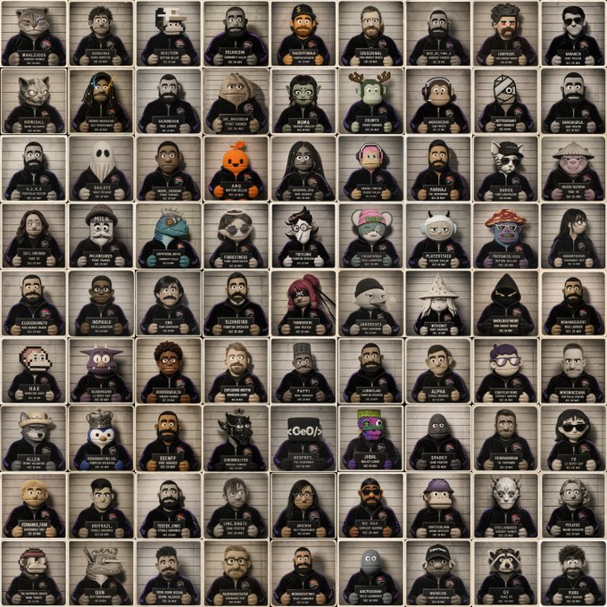 The image features a grid of faces, each wearing a unique costume or mask, arranged in rows and columns against a white background. The faces are dressed in various outfits that include hats, glasses, and other accessories. The masks vary in style and color, adding an element of mystery to the scene. The post includes text that reads "one night shift till 5AM, 850k claude code tokens, 30 minutes with claude design and one shisha this is what it took for me to ship muppify.us on time for this month's Solana Ecosystem Call GTM". This image seems to be related to a social media post or a promotional piece about the creator of the masks and costumes.