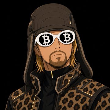 An anime-style illustration features a figure in a leopard-print jacket and trapper hat wearing white sunglasses with "B" (Bitcoin logo) symbols on the lenses. The image humorously reimagines the iconic Daft Punk duo as "Daft and Punk" crypto enthusiasts, with the Bitcoin-branded shades signaling their transformation into Bitcoin maximalists.