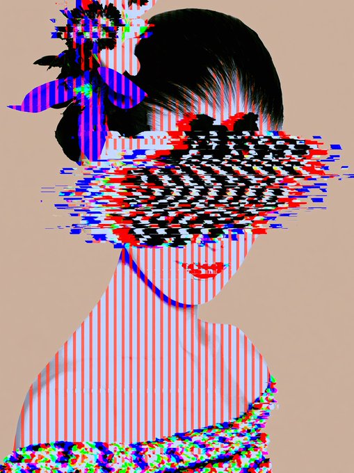 A glitch-art portrait of a woman with a flower in her hair, featuring distorted red, blue, and black checkered patterns obscuring the eyes with digital stripe effects.