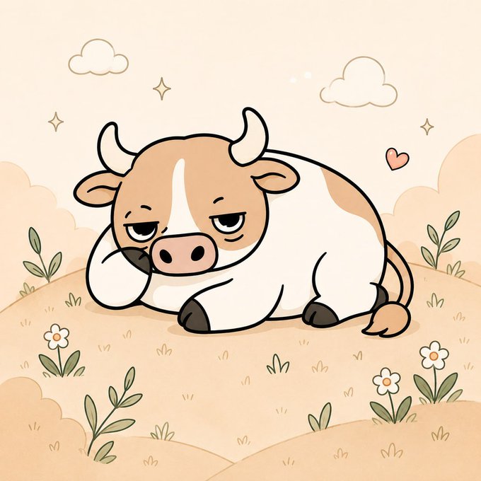 An illustration of a cute, tired-looking cow lying on a small hill surrounded by flowers, clouds, and stars in pastel colors.