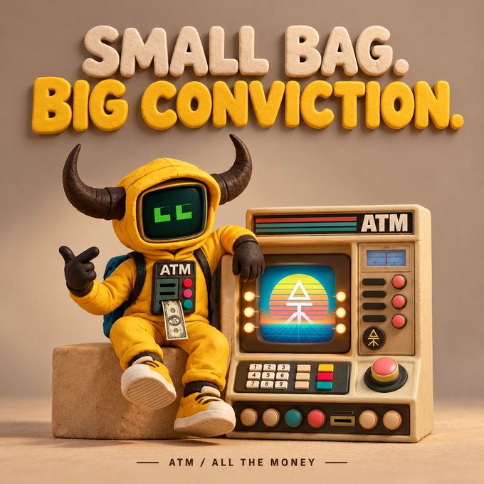 A 3D-rendered promotional image with the text 'SMALL BAG. BIG CONVICTION.' featuring a yellow hooded character with bull horns and a digital face sitting next to a retro-style ATM machine, with 'ATM / ALL THE MONEY' at the bottom.