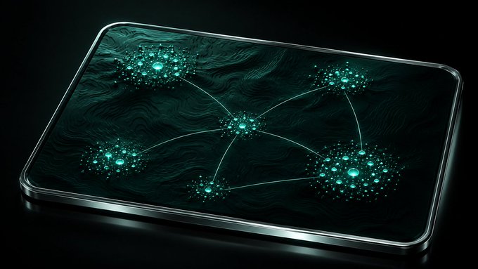A smartphone displaying an abstract digital artwork featuring glowing teal nodes connected by lines on a dark, textured background.