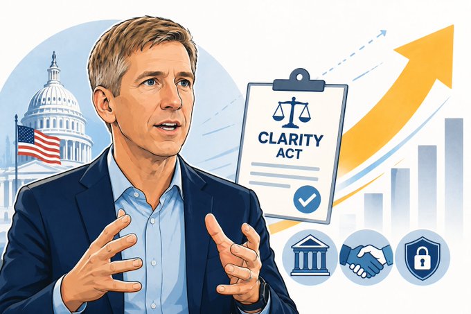 A stylized illustration of a politician in a suit gesturing while speaking, with the U.S. Capitol building in the background and a 'CLARITY ACT' clipboard, accompanied by icons representing finance, partnerships, and security.