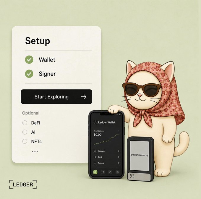 A Ledger cryptocurrency wallet advertisement shows a setup screen with 'Wallet' and 'Signer' checked, alongside a smartphone displaying a $0.00 balance and a cartoon cat wearing sunglasses and a floral headscarf holding the hardware device that reads 'TRUST YOURSELF'.
