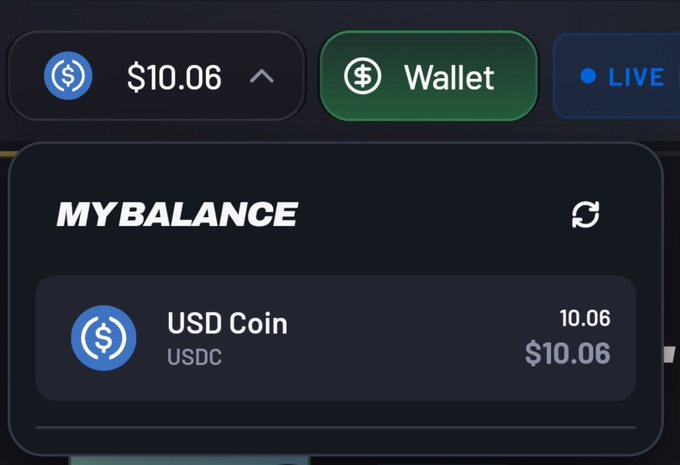A 'MY BALANCE' screen showing a USDC wallet balance of $10.06.