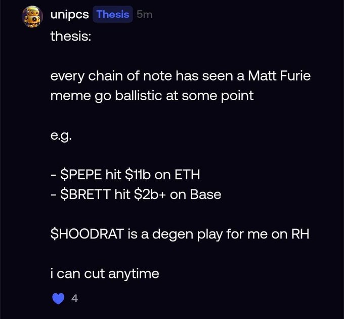 The image shows a Discord message from user "unipcs" presenting a "thesis" that meme coins inspired by artist Matt Furie have performed strongly across various chains, citing $PEPE hitting $1B on ETH and $BRETT reaching $2B+ on Base. The post concludes that $HOODRAT represents a similar degen play on RH (Ronin), which aligns with the accompanying "Bonkguy $HOODRAT" tag promoting the token.