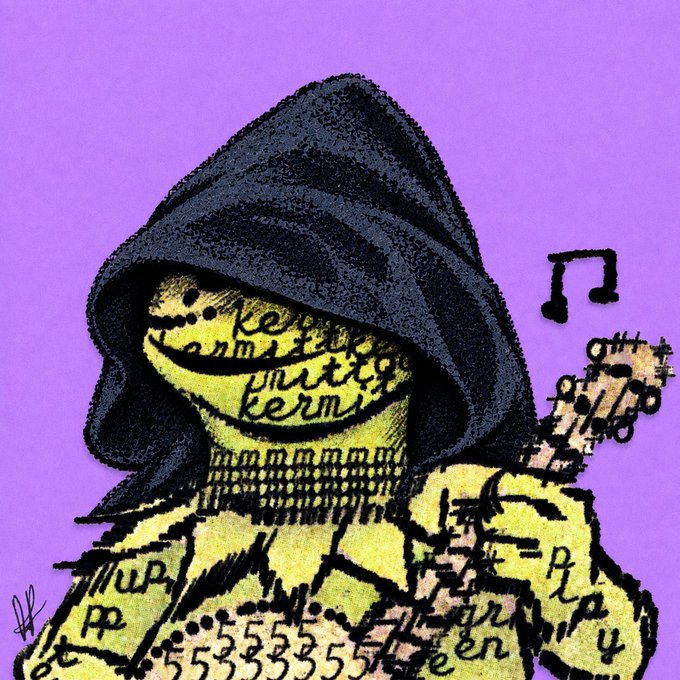 A stylized illustration of a hooded figure with a skeletal grin, covered in numbers and symbols, holding a pistol, with a musical note and additional figures in the background on a purple backdrop.