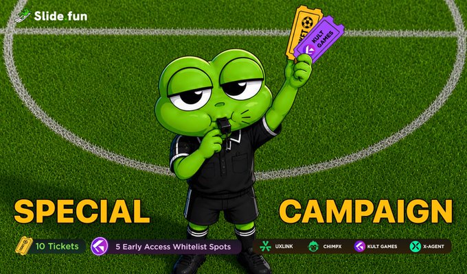 This image advertises the "Slide.fun Special Campaign" offering 10 Tickets and 5 Kult Games Early Access Whitelist Spots, featuring a frog referee with cards on a soccer field. The campaign is a collaboration with UXLink, Chimpx, Kult Games, and X-Agent.