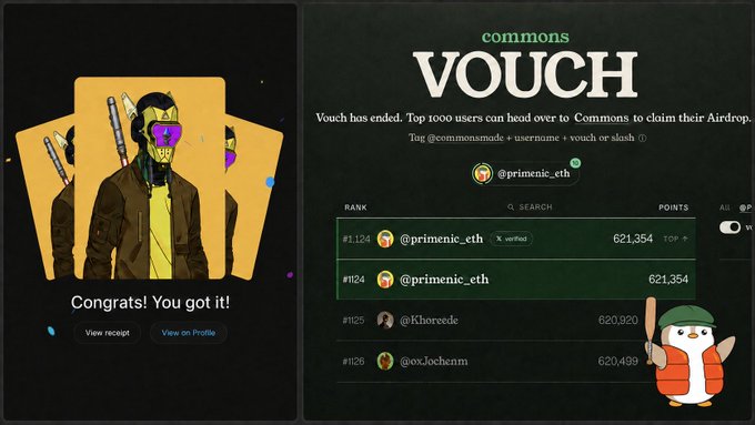 A digital screenshot shows a 'VOUCH' page for 'commons', indicating the vouch has ended with @primenic_eth leading the rankings with 621,354 points, alongside an NFT illustration on the left.