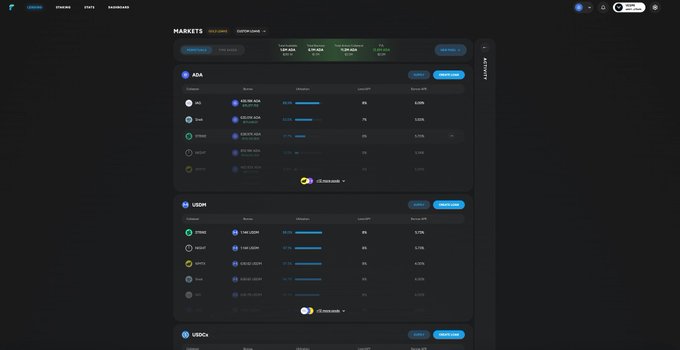 A dark-themed cryptocurrency exchange interface displaying 'MARKETS' for various trading pairs including ADA and USDM, with columns for quantity, APR, and market cap, branded with 'zkMarkets'.