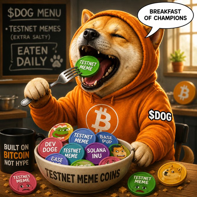 iced tea and a dog wearing an orange hoodie with a Bitcoin symbol sit at a table, accompanied by a bowl of colorful coins labeled "Testnet Meme Coins".