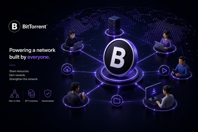 The image is a promotional graphic for BitTorrent featuring a large central "B" logo connected via glowing purple lines to illustrated users around a dotted world map, visually emphasizing the "Powering a network built by everyone" tagline and highlighting key features like Peer-to-Peer, BTT Incentives, and Decentralized. This perfectly illustrates the post's message about how decentralized networks gain their power from widespread participant involvement rather than relying on a single central provider, reinforcing BitTorrent's foundation in shared resource distribution.
