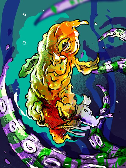 A vibrant, stylized digital illustration depicts a yellow and orange creature surrounded by green and purple tentacles with suction cups against a dark background.