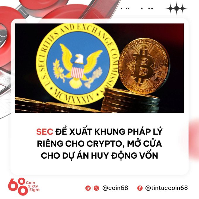 A Coin Sixty Eight news graphic in Vietnamese stating 'SEC ĐỀ XUẤT KHUNG PHÁP LÝ RIÊNG CHO CRYPTO, MỞ CỬA CHO DỰ ÁN HUY ĐỘNG VỐN' featuring the SEC seal and Bitcoin coins.