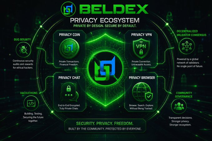 An infographic for 'BELDEX PRIVACY ECOSYSTEM' highlighting four products: Privacy Coin, Privacy VPN, Privacy Chat, and Privacy Browser, emphasizing 'SECURITY. PRIVACY. FREEDOM.'