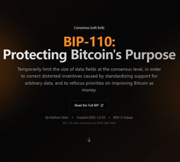The image shows a blog post or article titled "BIP-110: Protecting Bitcoin's Purpose" by Dathon Ohm, which describes BIP-110 as a proposal aimed at limiting the size of data fields at the consensus level to address distortions from large data fields and refocus Bitcoin as money. This relates to the accompanying post about the BIP-110 minority fork falling behind the Bitcoin main chain, as the article introduces the controversial BIP-110 proposal that led to the minority fork after block height 961,632.